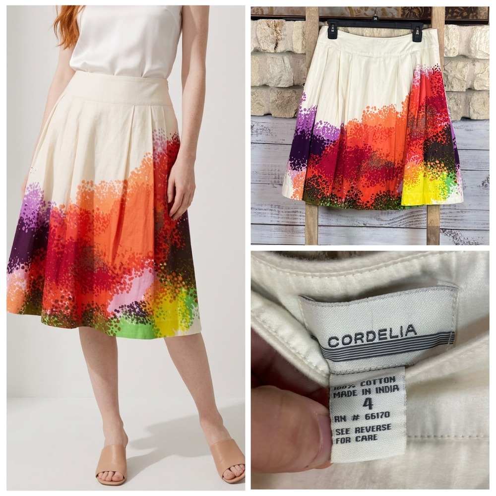 Anthropologie Cordelia Multi-Color Abstract Dot Pleated Cotton Skirt Size 4